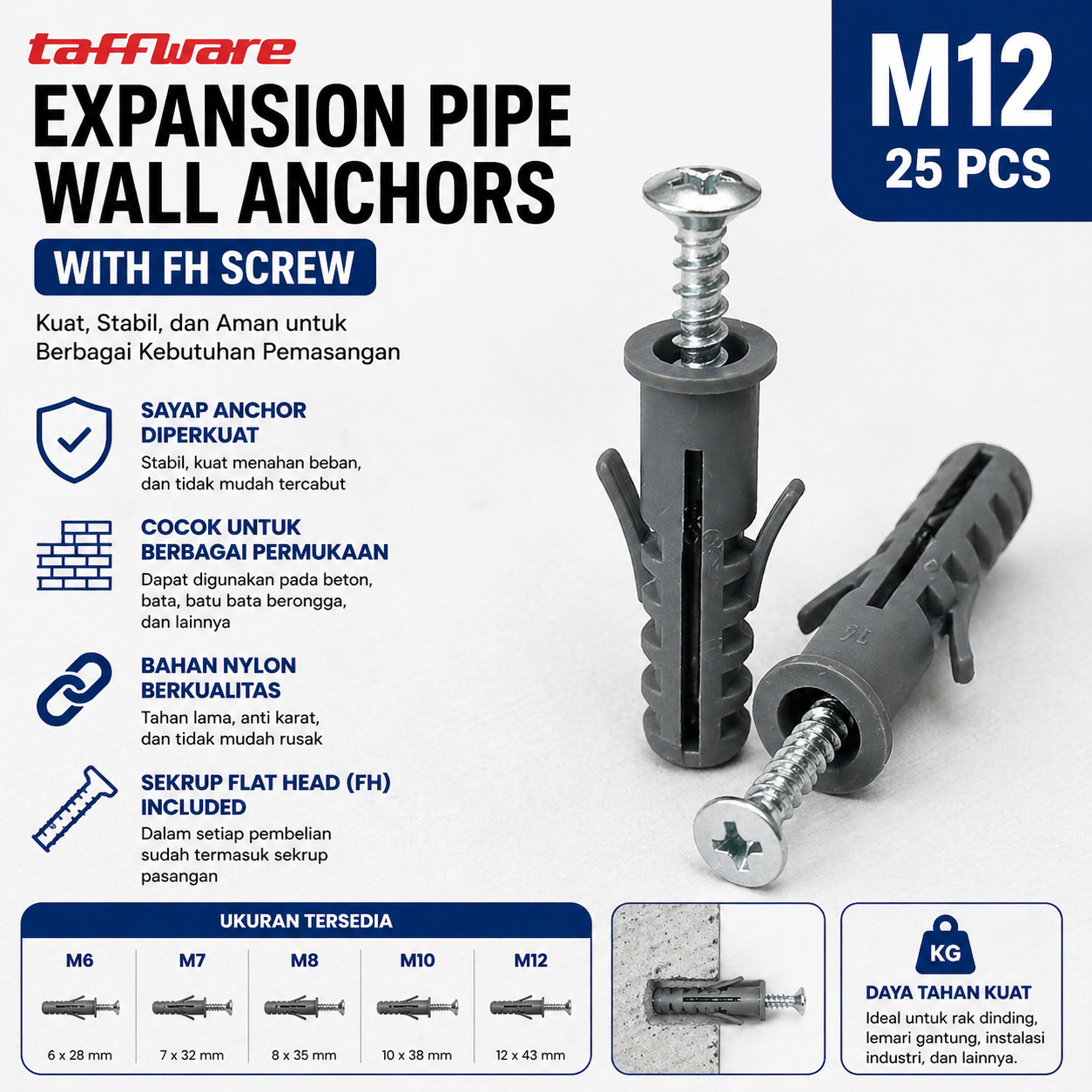 Taffware Expansion Fisher Pipe Nylon Wall Anchor Tube with FH Screw M12 Gambar produk Taffware Expansion Fisher Pipe Nylon Wall Anchor Tube with FH Screw M12 - Utama