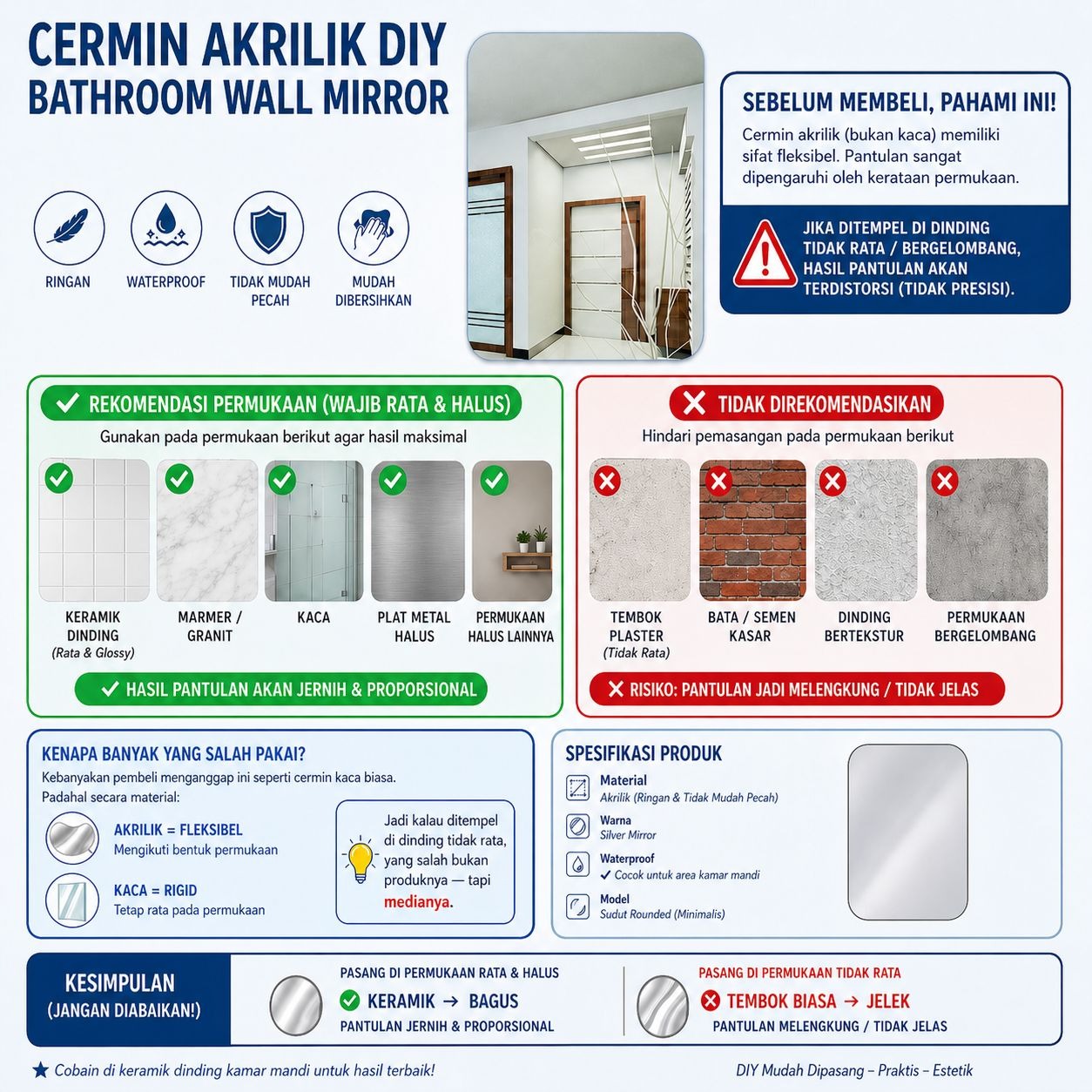 Gambar produk LEVO Cermin Akrilik DIY Bathroom Mirrors Acrylic Wall Decorations Besar - L01