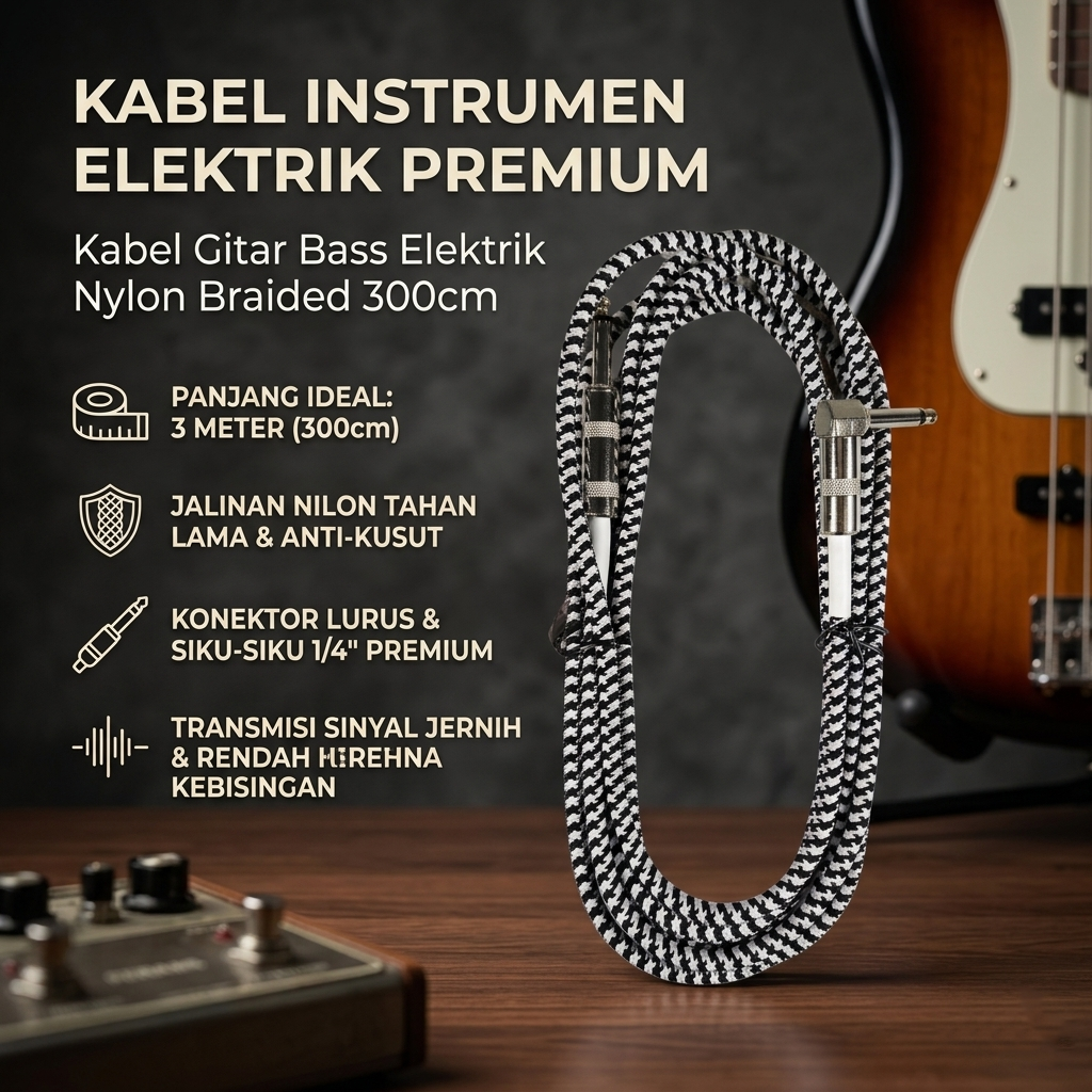 Gambar produk WORLDSTAGE Kabel Gitar Bass Elektrik Nylon Braided 300cm - CBC-30 - Utama
