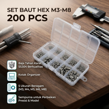 Taffware Set Baut L Tanam Sekrup Soket Hex M3-M8 Headless 200 PCS - A2-70