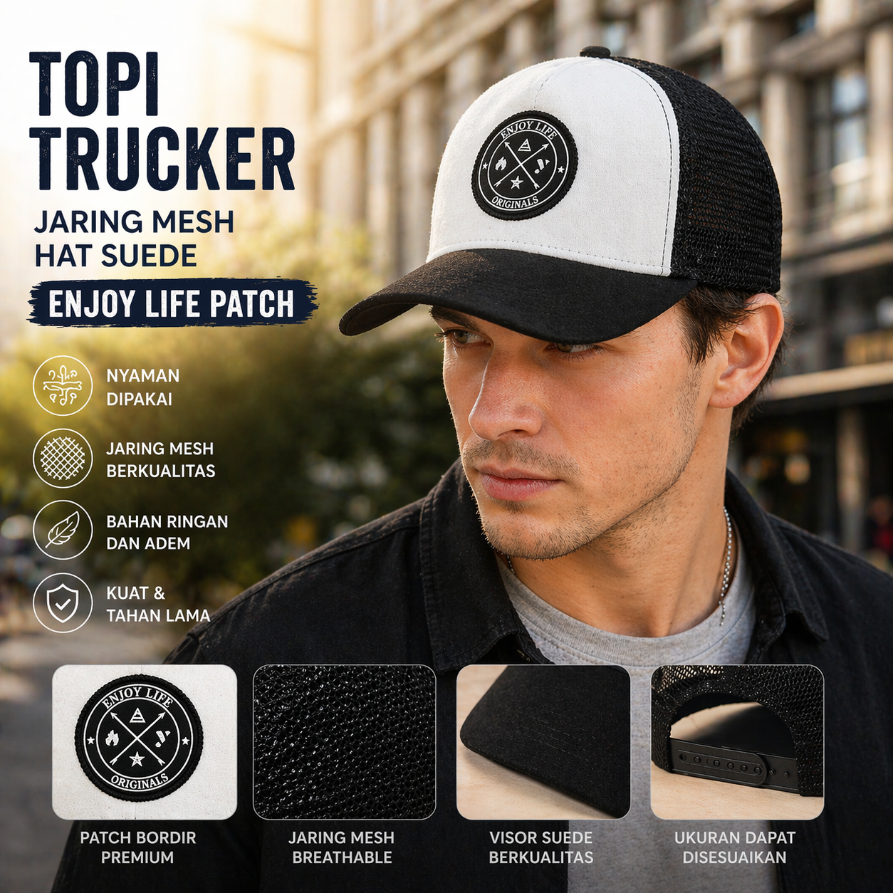 GUDIY Topi Trucker Jaring Mesh Hat Suede Enjoy Life Patch - T100 Gambar produk GUDIY Topi Trucker Jaring Mesh Hat Suede Enjoy Life Patch - T100 - Utama