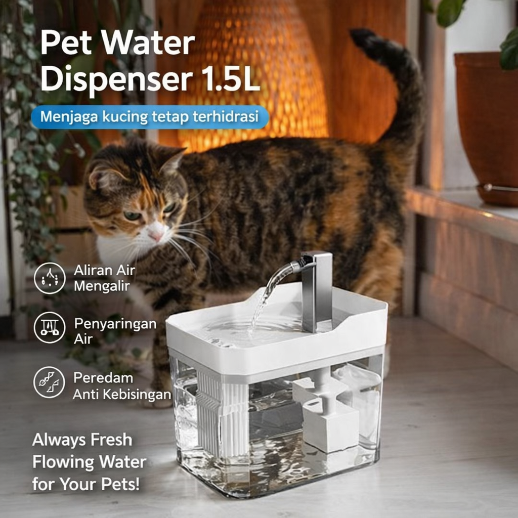 NOAE Water Dispenser Fountain Tempat Minum Anjing Kucing 1.5L - WF050 Gambar produk NOAE Water Dispenser Fountain Tempat Minum Anjing Kucing 1.5L - WF050