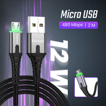 ESSAGER Kabel Data Micro USB Braided PP Fast Charging LED 2A 12W 2M - ES-X36
