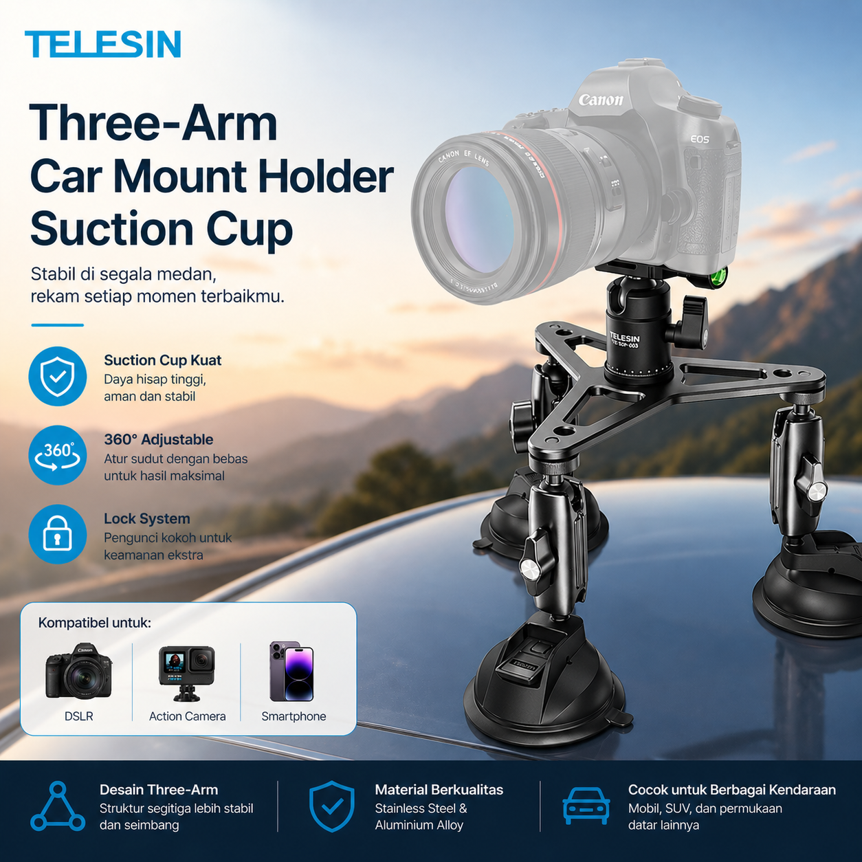 TELESIN Three-Arm Car Mount Holder Suction Cup for DSLR GoPro DJI Osmo - TE-TSB-001 Gambar produk TELESIN Three-Arm Car Mount Holder Suction Cup for DSLR GoPro DJI Osmo - TE-TSB-001 - Utama
