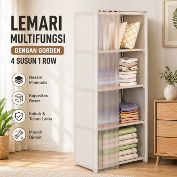 Gambar produk HAMODERN Lemari Pakaian Minimalis Rak Multifungsi dengan Gorden 4 Grid 1 Row - HM1