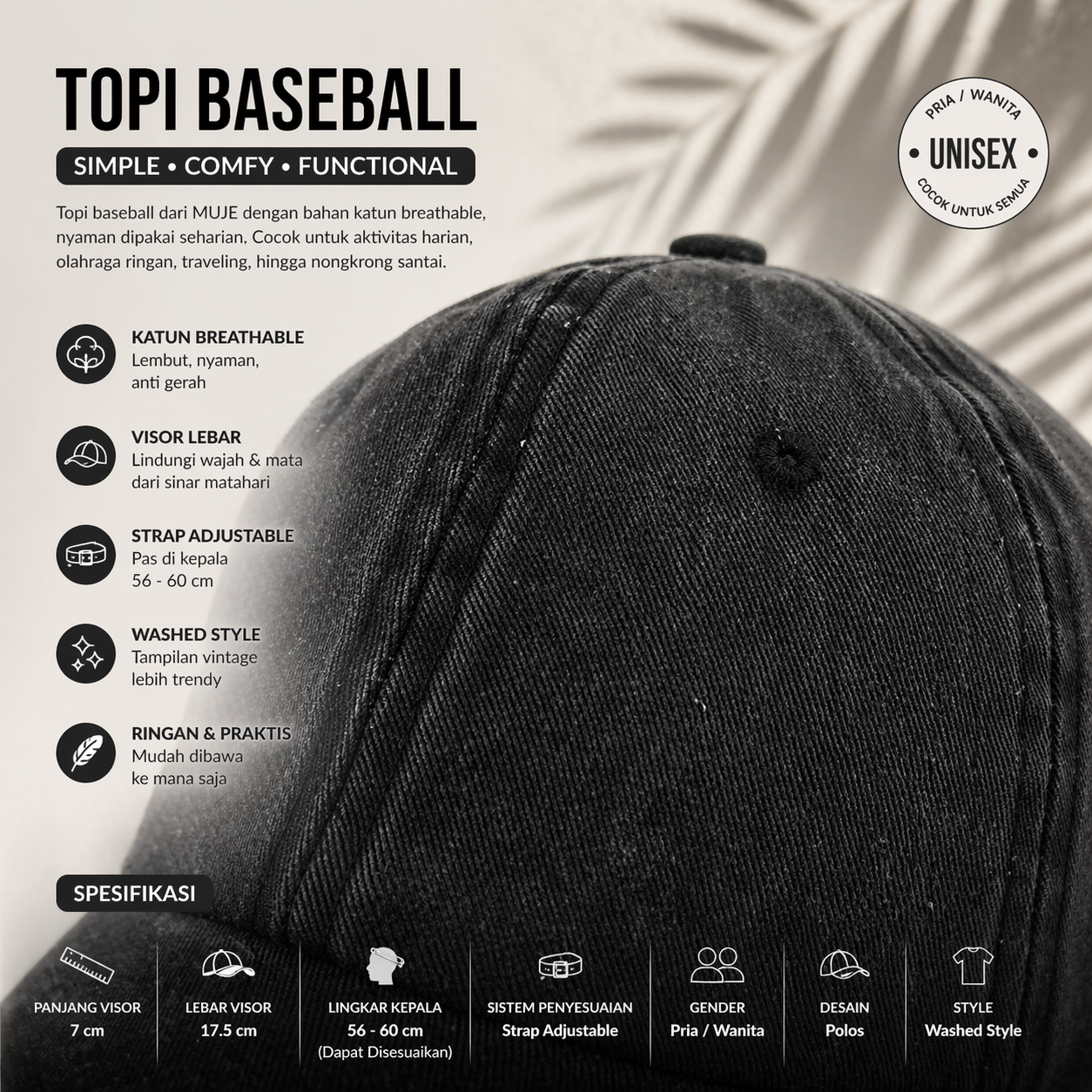 MUJE Topi Baseball Cap Polos Adjustable Breathable Washed Style - F250 Gambar produk MUJE Topi Baseball Cap Polos Adjustable Breathable Washed Style - F250 - 3