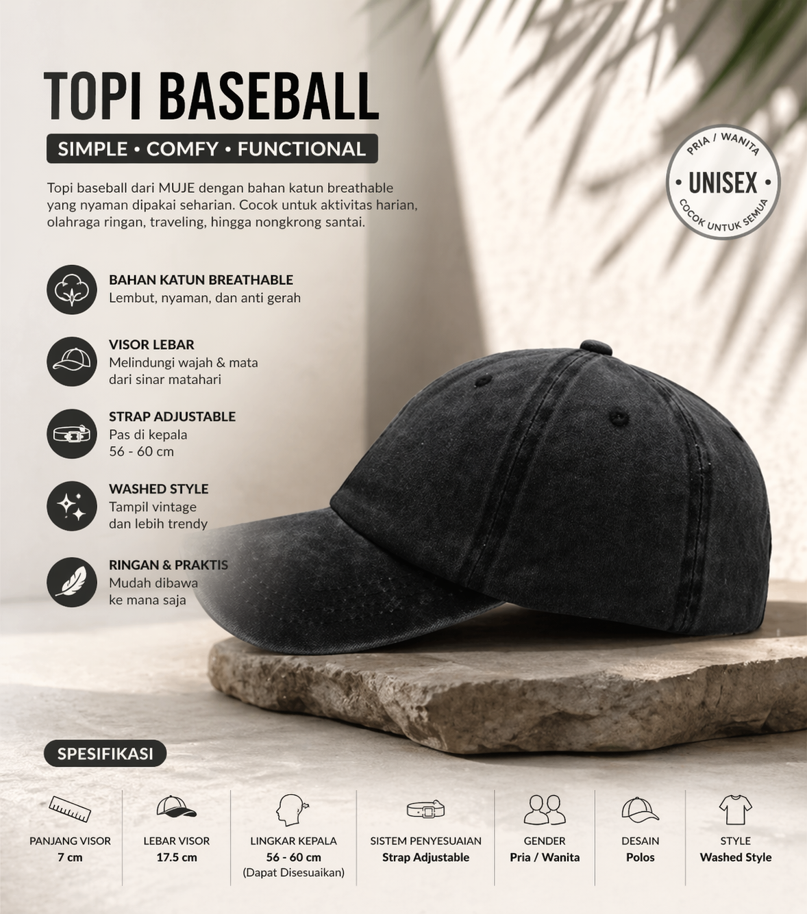 MUJE Topi Baseball Cap Polos Adjustable Breathable Washed Style - F250 Gambar produk MUJE Topi Baseball Cap Polos Adjustable Breathable Washed Style - F250 - 2