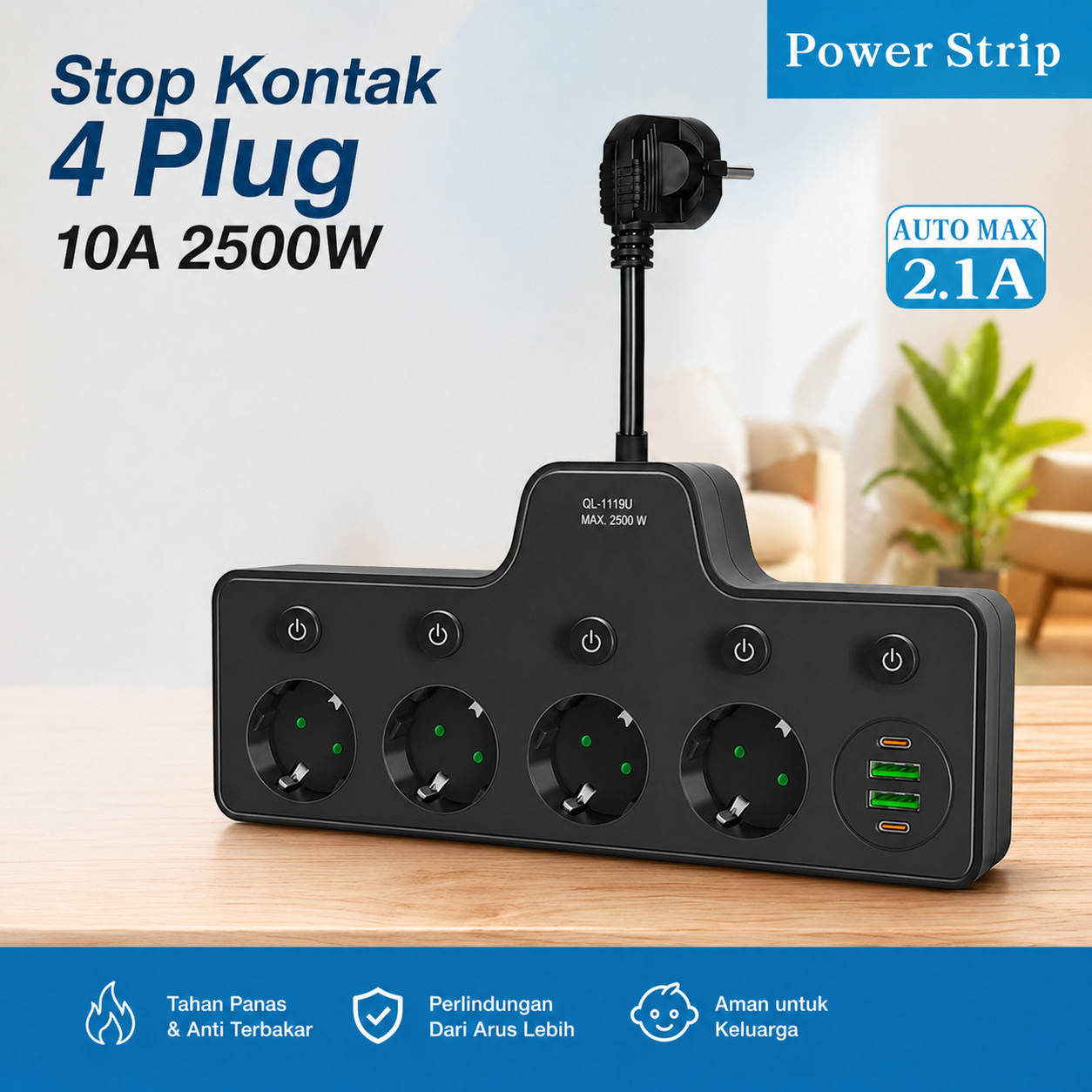 QIAOLIAN Stop Kontak Kabel USB Type C 10A 110-250V 2500W 8cm 4 Lubang - QL-1119U/QL-1118U Gambar produk QIAOLIAN Stop Kontak Kabel USB Type C 10A 110-250V 2500W 8cm 4 Lubang - QL-1119U/QL-1118U - Utama