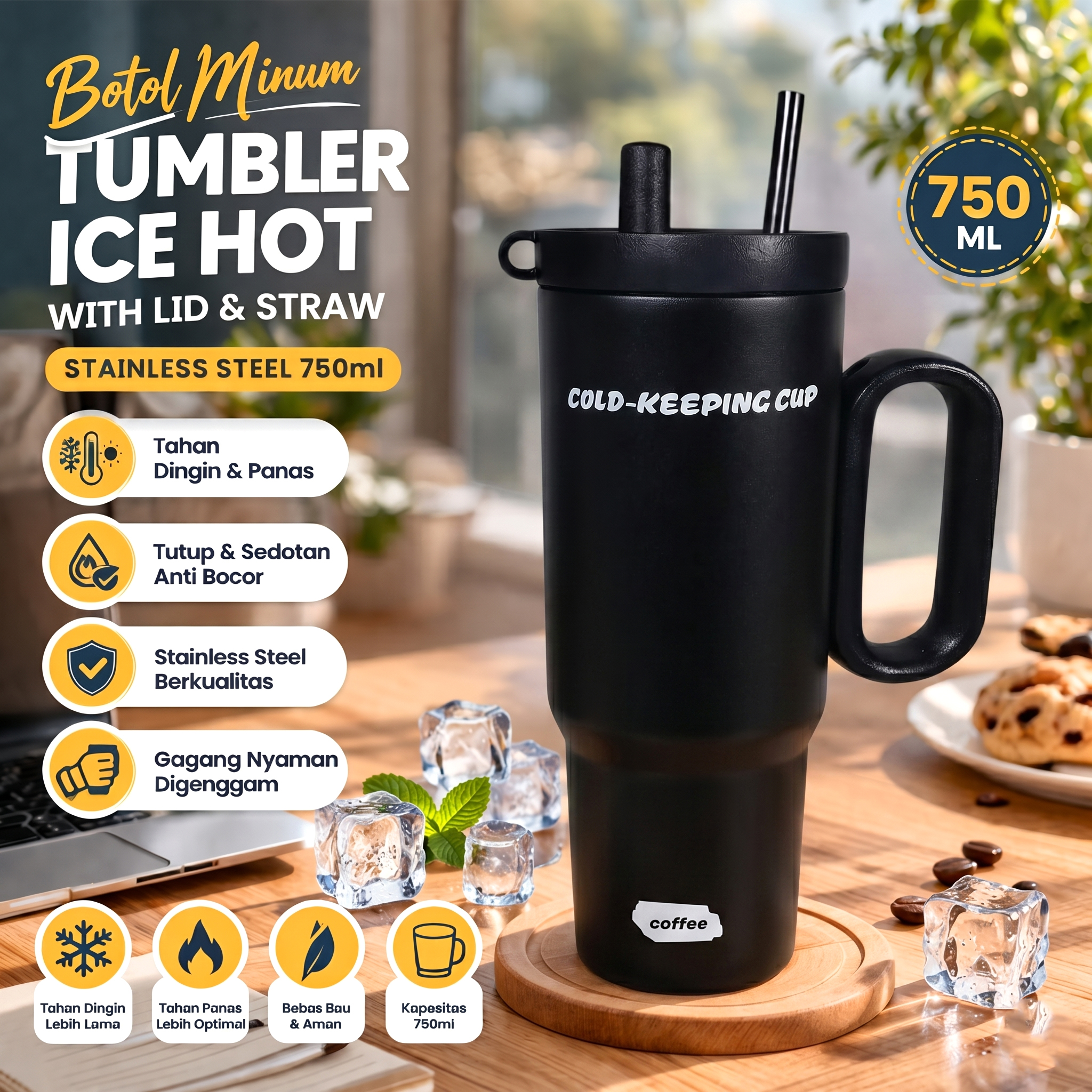 Bingo Botol Minum Tumbler Ice Hot With Lid Straw Stainless Steel 750ml - B-9400 Gambar produk Bingo Botol Minum Tumbler Ice Hot With Lid Straw Stainless Steel 750ml - B-9400 - Utama