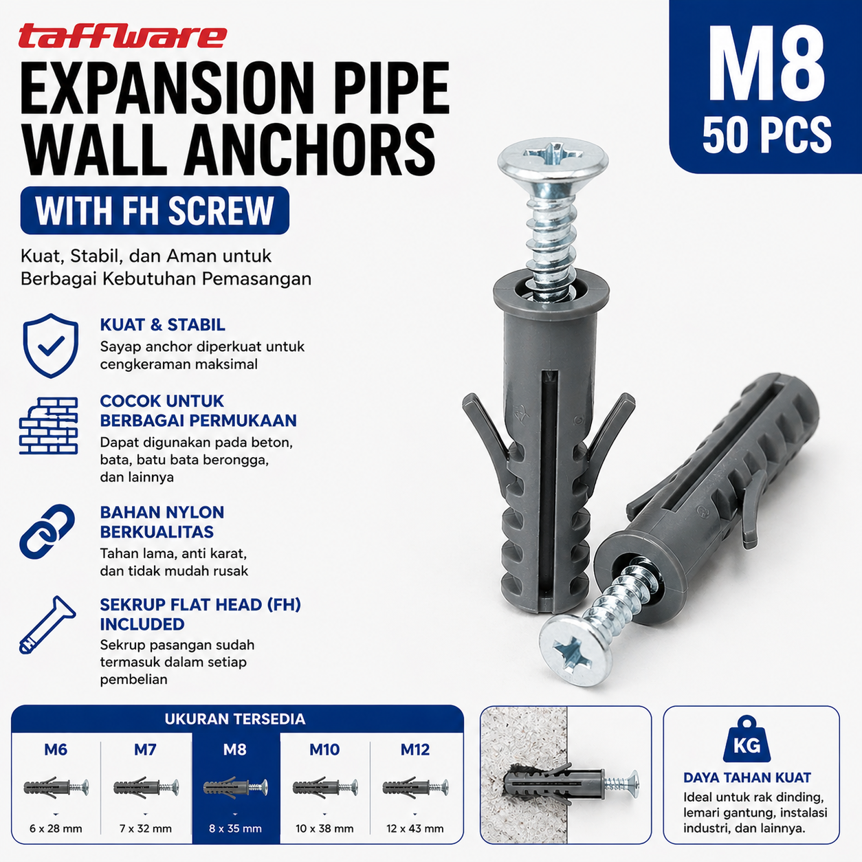 Taffware Expansion Fisher Pipe Nylon Wall Anchor Tube with FH Screw M8 Gambar produk Taffware Expansion Fisher Pipe Nylon Wall Anchor Tube with FH Screw M8 - Utama