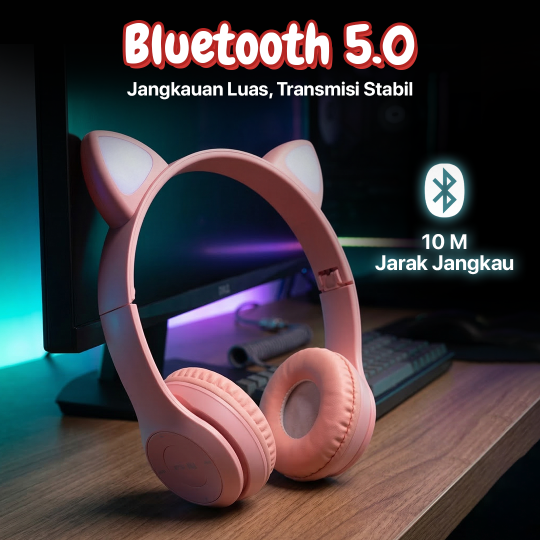 Fuloophi Headphone Bluetooth 5.0 Cat Ear 9D Sound Foldable 150mAh - P47M Gambar produk Fuloophi Headphone Bluetooth 5.0 Cat Ear 9D Sound Foldable 150mAh - P47M