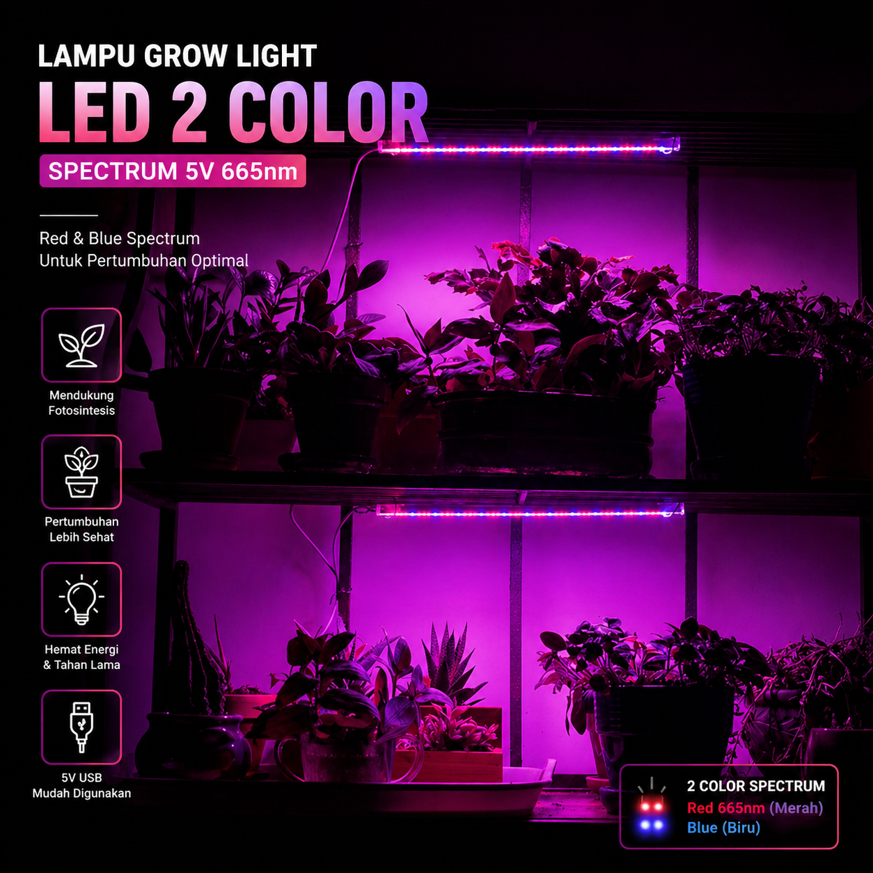 Gambar produk Greensindoor Lampu Tanaman Grow Light LED 2 Color Spectrum 5V 665nm - GSN01 - Utama