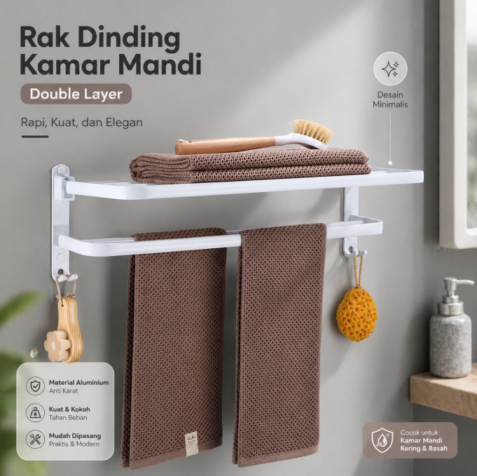 XUANXIN Rak Dinding Kamar Mandi Gantungan Handuk Double Layer - B04-1 Gambar produk XUANXIN Rak Dinding Kamar Mandi Gantungan Handuk Double Layer - B04-1 - Utama
