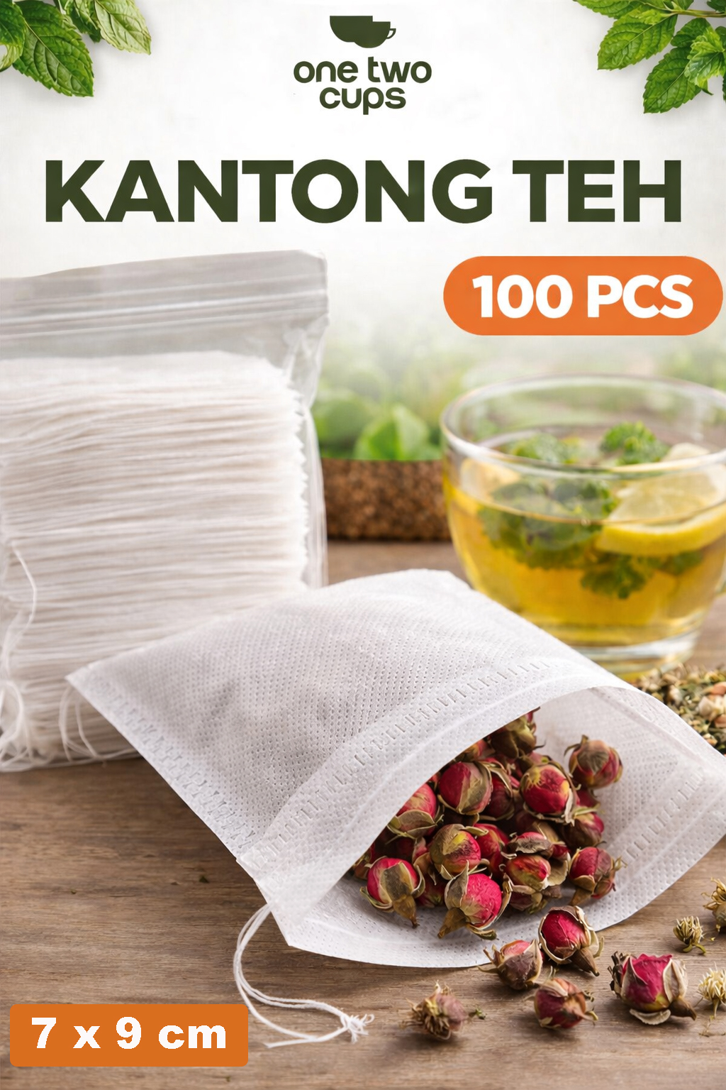 Gambar produk One Two Cups Kantong Teh Filter Saringan Tea Bag Disposable 100 PCS 7x9cm - M100 - Utama
