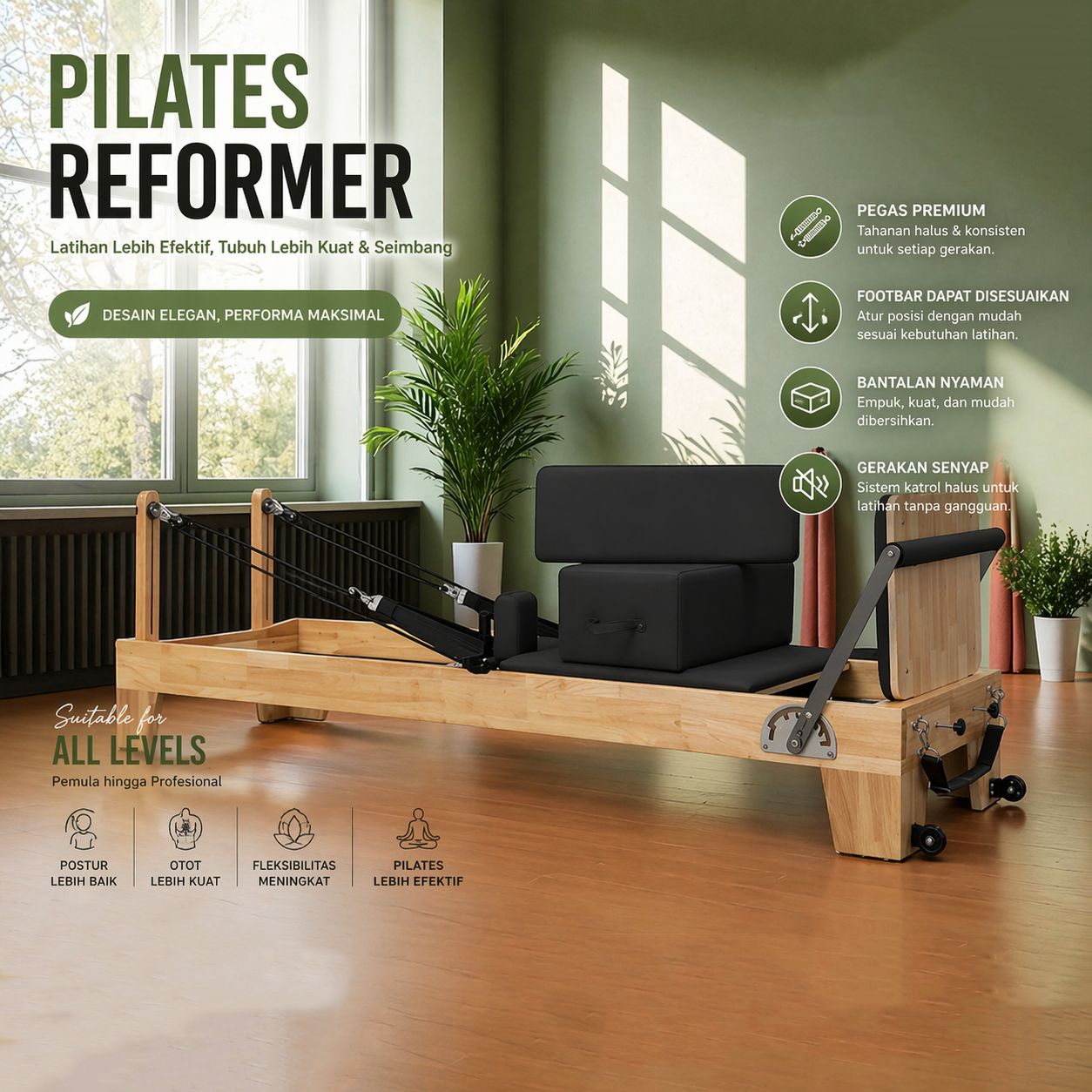 Gambar produk XIMIJI Pilates Reformer Rubber Wood Core Bed No-Joint - F03