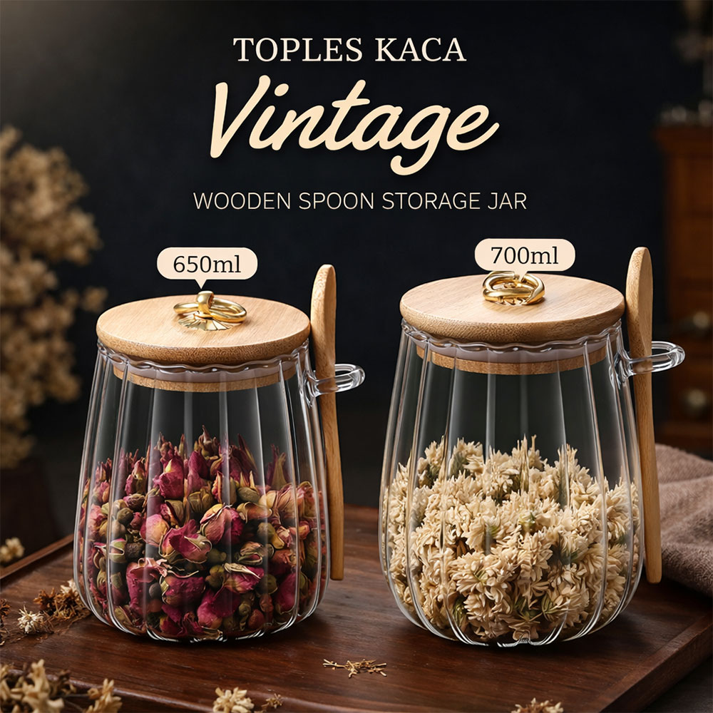 Gambar produk ECHOU Toples Kaca Borosilikat Vintage Wooden with Spoon Storage Jar 650ml - ECH-145