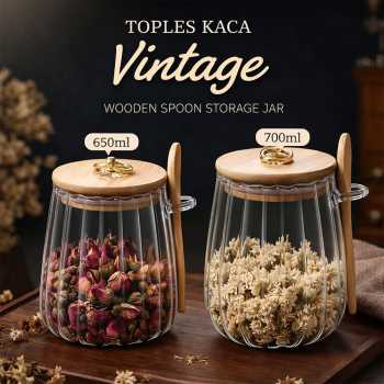 ECHOU Toples Kaca Borosilikat Vintage Wooden with Spoon Storage Jar - ECH-145