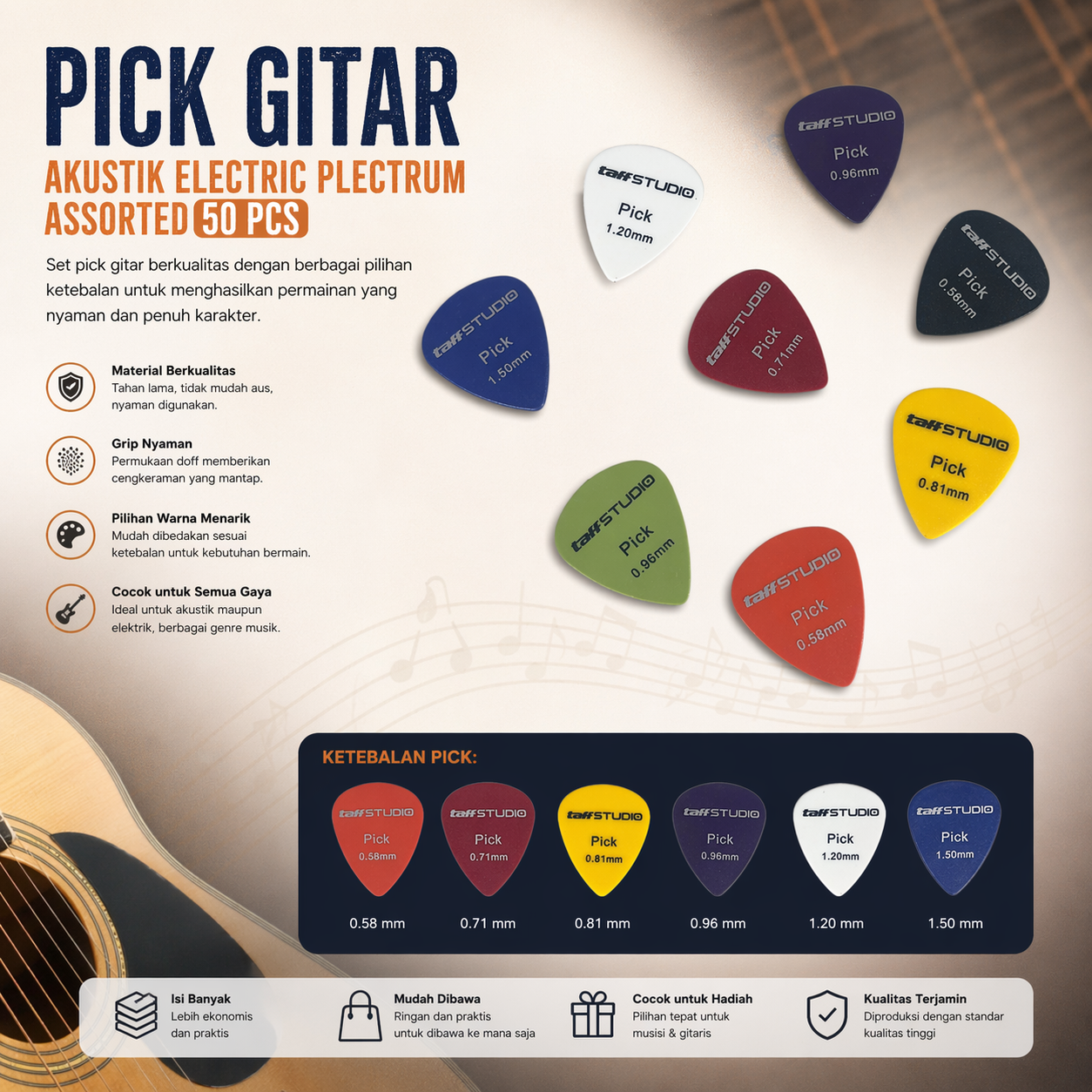 Gambar produk TaffSTUDIO Pick Gitar Akustik Electric Plectrum Assorted 50 PCS - A011A