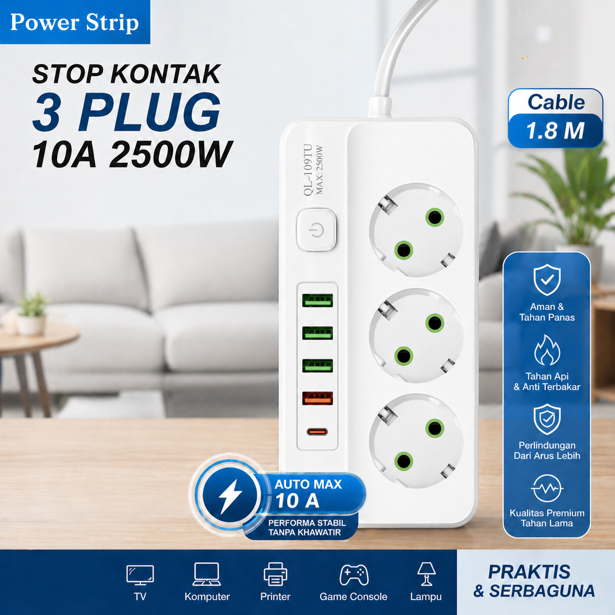 QIAOLIAN Stop Kontak Kabel USB Type C 10A 110-250V 2500W 1.8M 3 Lubang - QL-1091U Gambar produk QIAOLIAN Stop Kontak Kabel USB Type C 10A 110-250V 2500W 1.8M 3 Lubang - QL-1091U - Utama