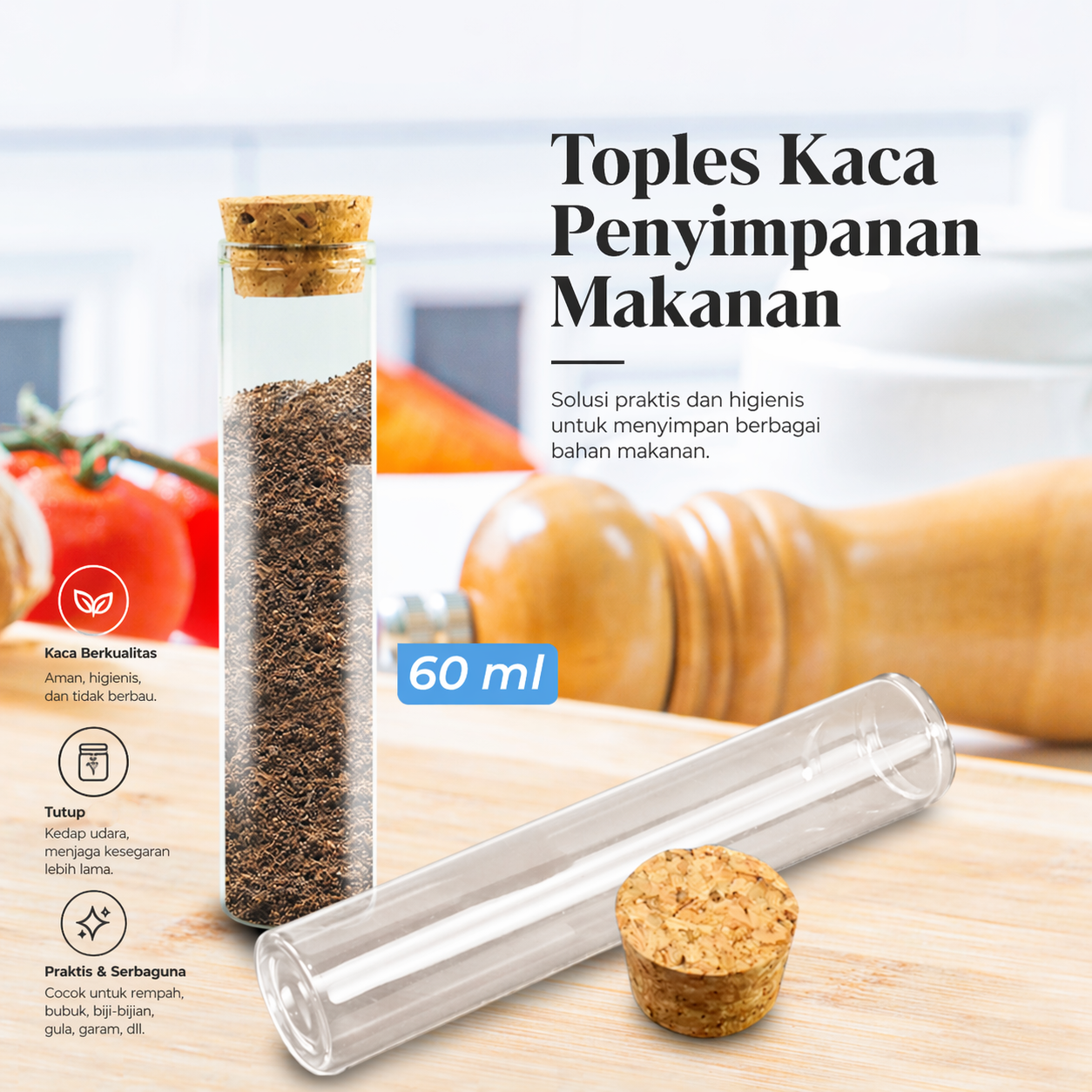 Botless Toples Kaca Penyimpanan Makanan Cork Seal Storage Jar 60ml - YS-7070 Gambar produk Botless Toples Kaca Penyimpanan Makanan Cork Seal Storage Jar 60ml - YS-7070 - Utama