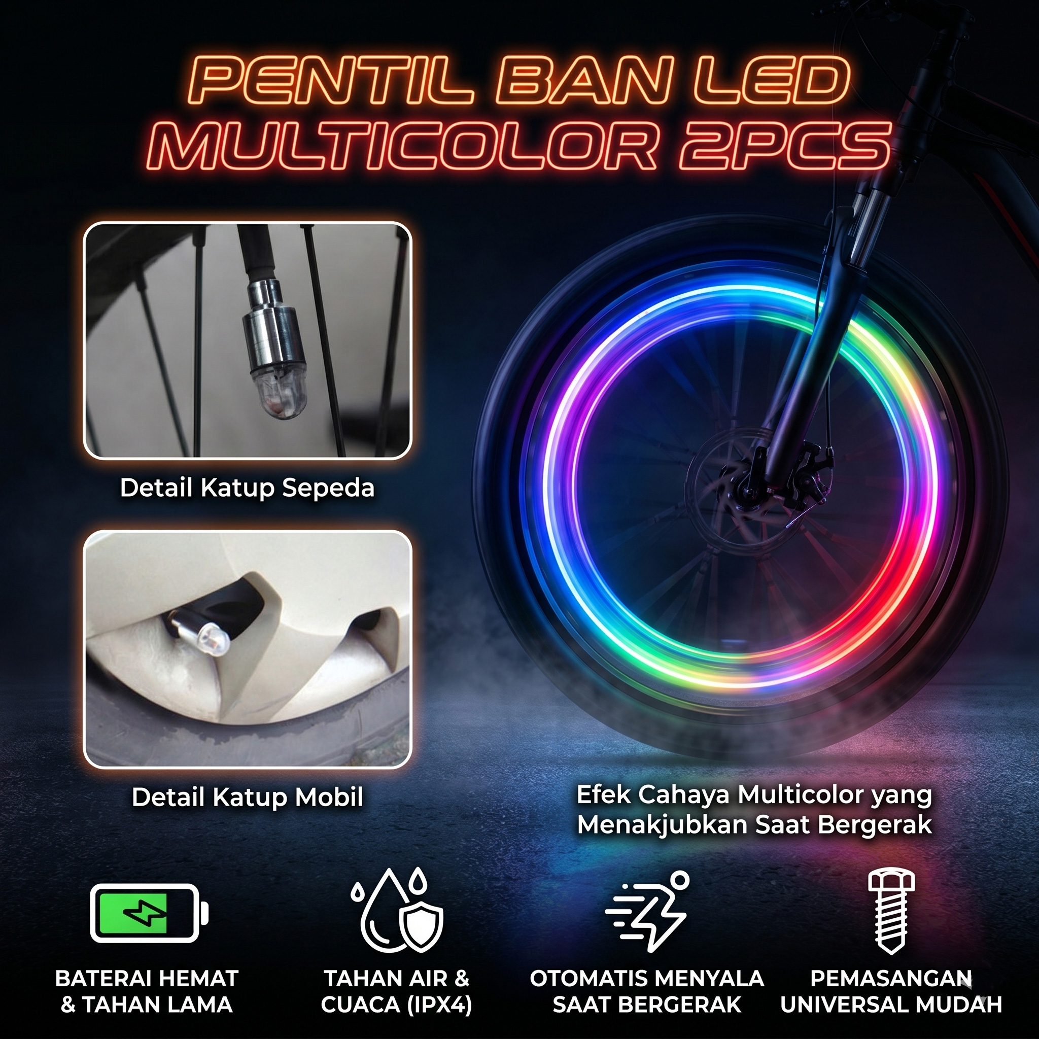 Fireflys Pentil Ban LED Mobil Motor Lampu Roda Multicolor 2PCS - AG10 Gambar produk Fireflys Pentil Ban LED Mobil Motor Lampu Roda Multicolor 2PCS - AG10 - Utama