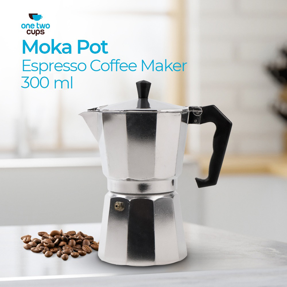One Two Cups Moka Pot Teko Kopi Espresso Coffee Maker Stovetop 6 Cup 300ml - MX001 Gambar produk One Two Cups Moka Pot Teko Kopi Espresso Coffee Maker Stovetop 6 Cup 300ml - MX001