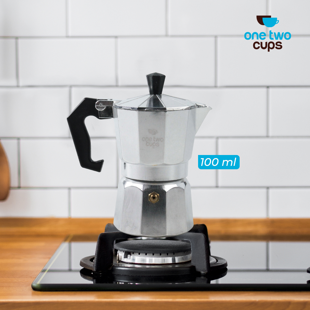 One Two Cups Moka Pot Teko Kopi Espresso Coffee Maker Stovetop 2 Cup 100ml - MX001 Gambar produk One Two Cups Moka Pot Teko Kopi Espresso Coffee Maker Stovetop 2 Cup 100ml - MX001
