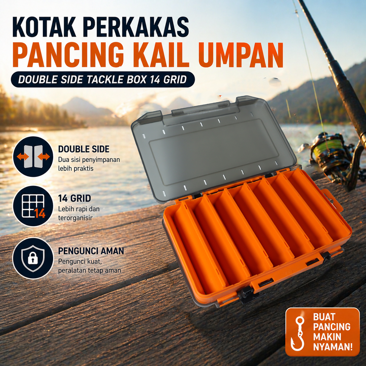 ZUHE Kotak Perkakas Pancing Kail Umpan Double Side Tackle Box 14 Grid - ZU402 Gambar produk ZUHE Kotak Perkakas Pancing Kail Umpan Double Side Tackle Box 14 Grid - ZU402 - Utama