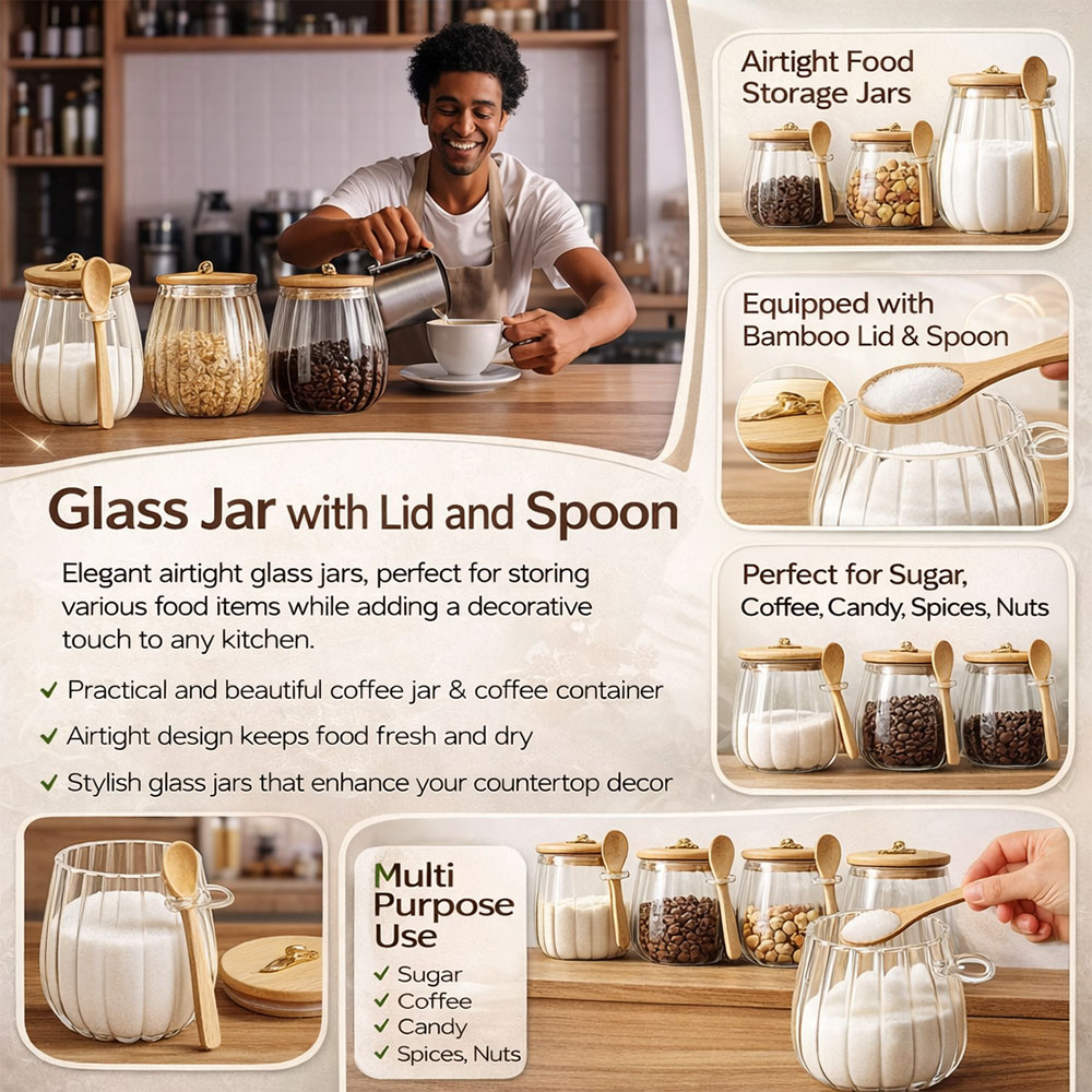 Gambar produk ECHOU Toples Kaca Borosilikat Vintage Wooden with Spoon Storage Jar 650ml - ECH-145