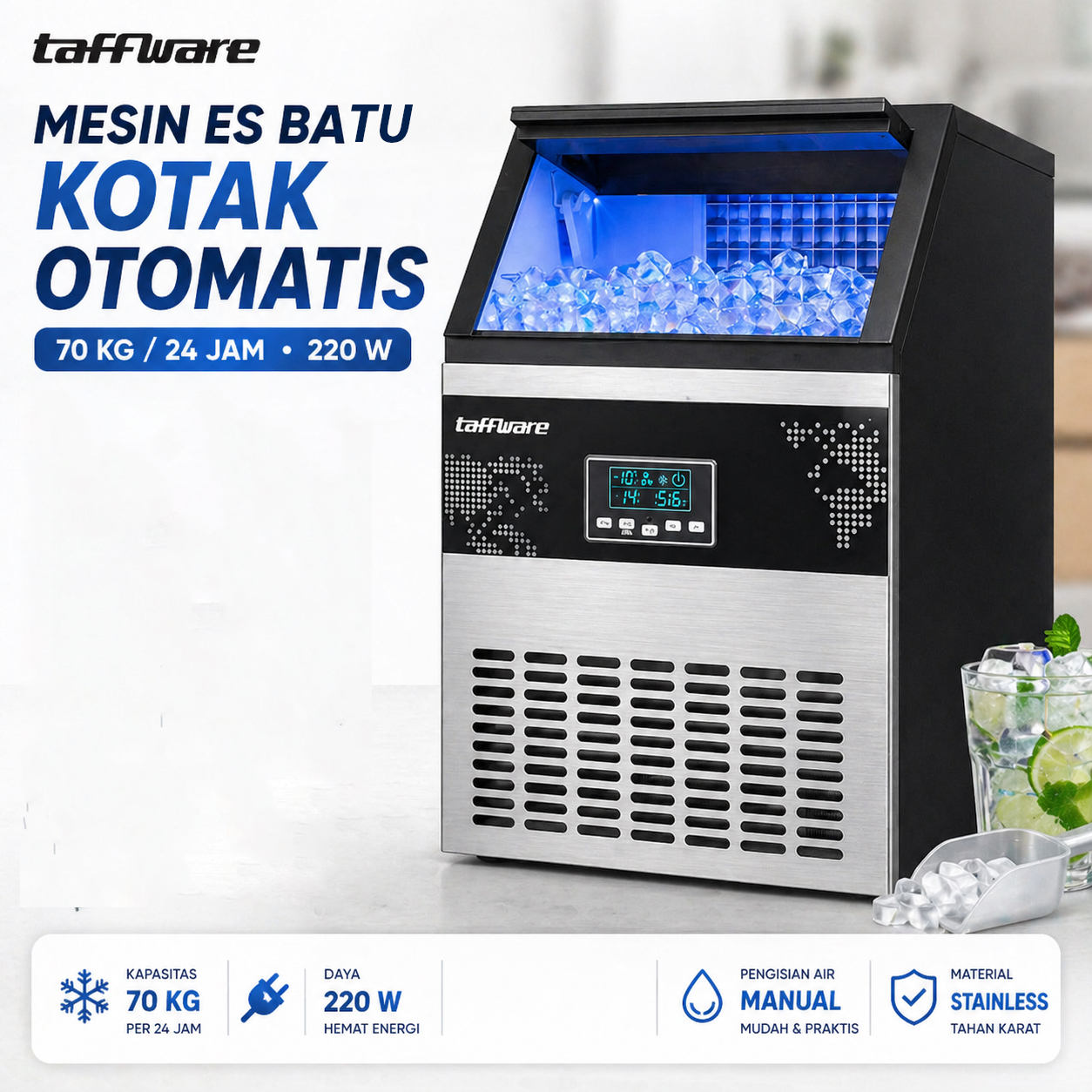 Taffware Mesin Es Batu Kotak Otomatis Ice Maker Machine 70kg 220W - HZB-60FAB Gambar produk Taffware Mesin Es Batu Kotak Otomatis Ice Maker Machine 70kg 220W - HZB-60FAB - Utama
