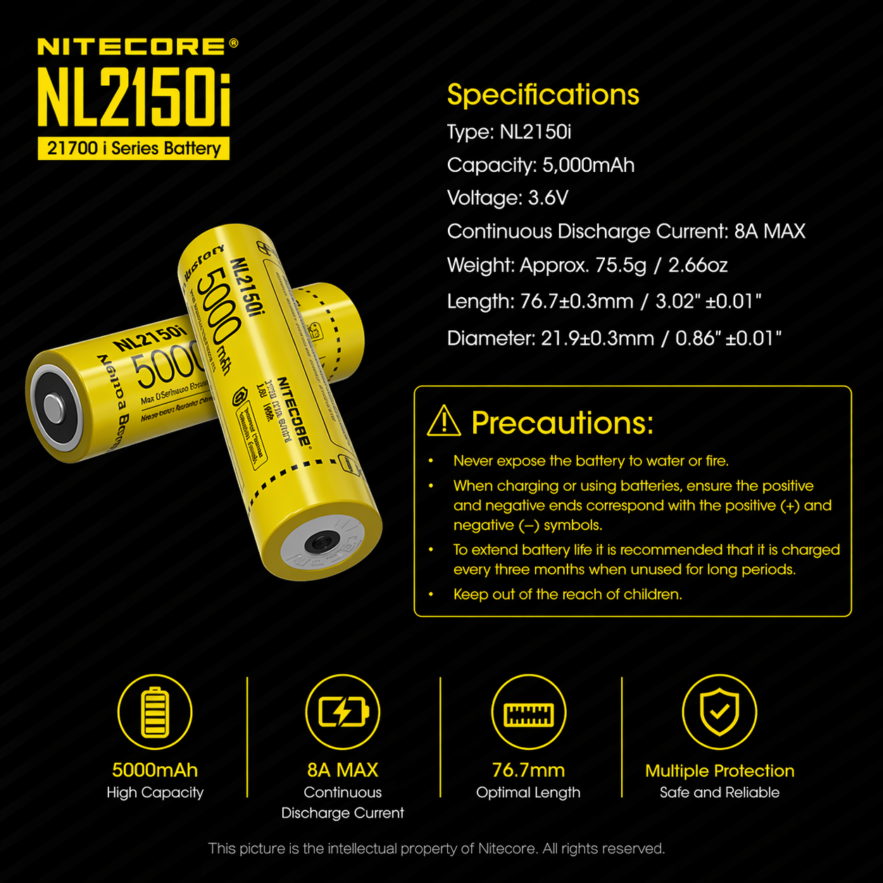 Gambar produk NITECORE Baterai Isi ulang 21700 Li-Ion Button Top 5000mAh 3.6V 1 PCS - NL2150i