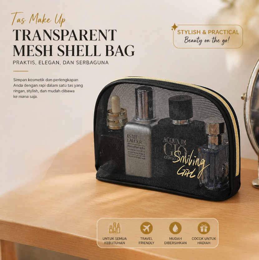 Smiling Girl Tas Make Up Kosmetik Transparent Mesh Shell Bag - SMG5 Gambar produk Smiling Girl Tas Make Up Kosmetik Transparent Mesh Shell Bag - SMG5 - Utama