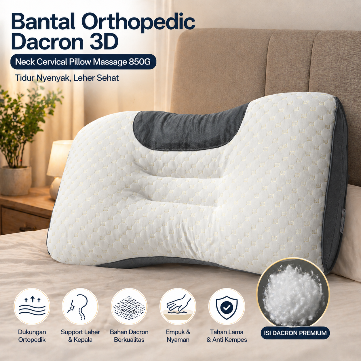 BeB Bantal Orthopedic Dacron 3D Neck Cervical Pillow Massage 850G - 8h Gambar produk BeB Bantal Orthopedic Dacron 3D Neck Cervical Pillow Massage 850G - 8h - Utama