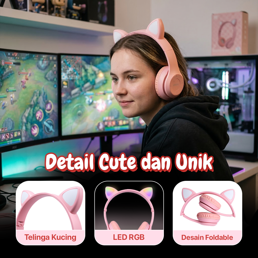 Fuloophi Headphone Bluetooth 5.0 Cat Ear 9D Sound Foldable 150mAh - P47M Gambar produk Fuloophi Headphone Bluetooth 5.0 Cat Ear 9D Sound Foldable 150mAh - P47M