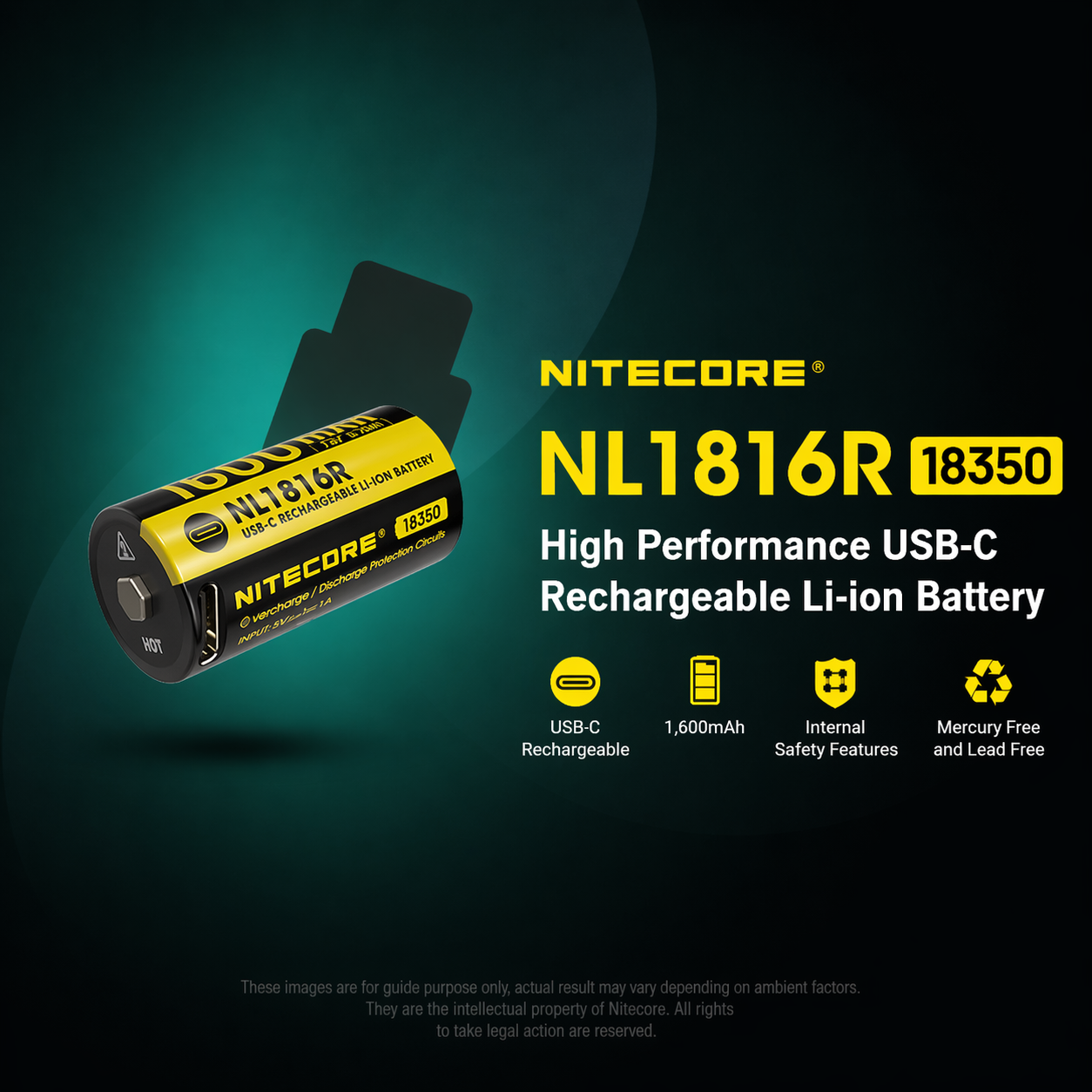 Gambar produk NITECORE Baterai Isi Ulang 18350 Li-Ion Button Top 1600mAh 3.6V 1 PCS - NL1816R