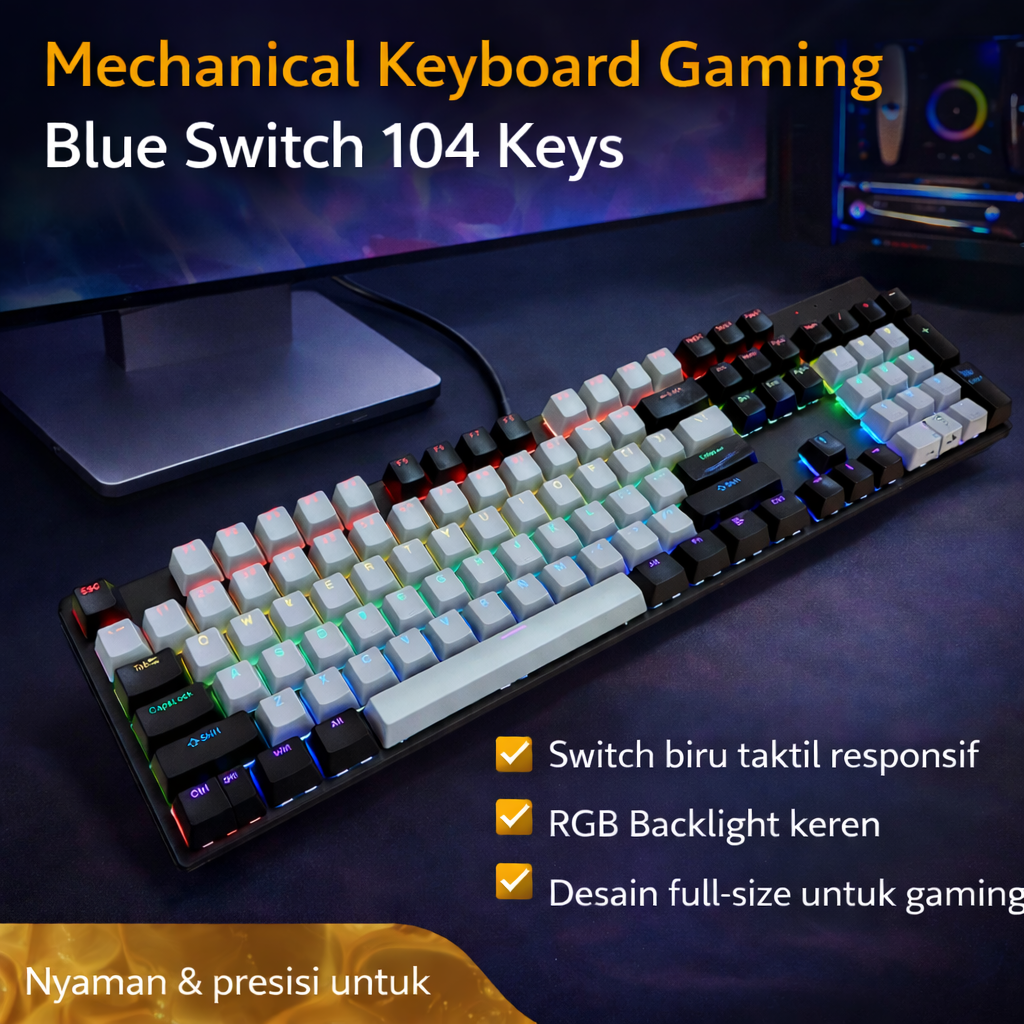 YMDK Mechanical Keyboard Gaming LED Wired Blue Switch 104 Keys - K135 Gambar produk YMDK Mechanical Keyboard Gaming LED Wired Blue Switch 104 Keys - K135