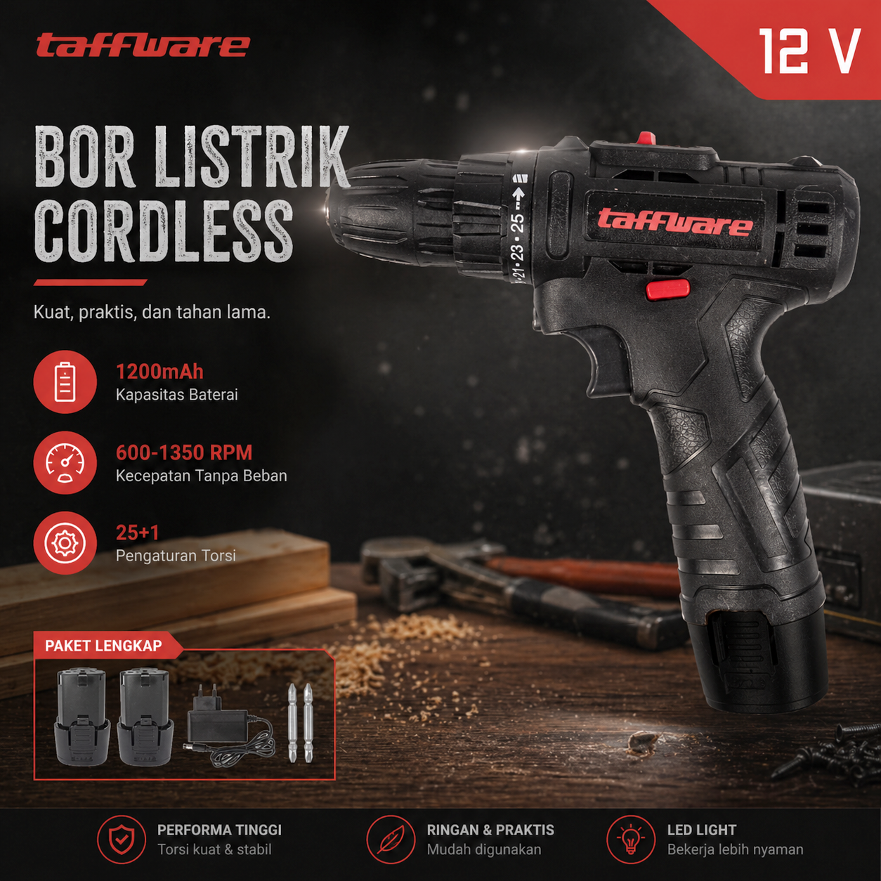 Gambar produk Taffware Bor Listrik Cordless Lithium Battery Rechargeable 12V - 88F - Utama