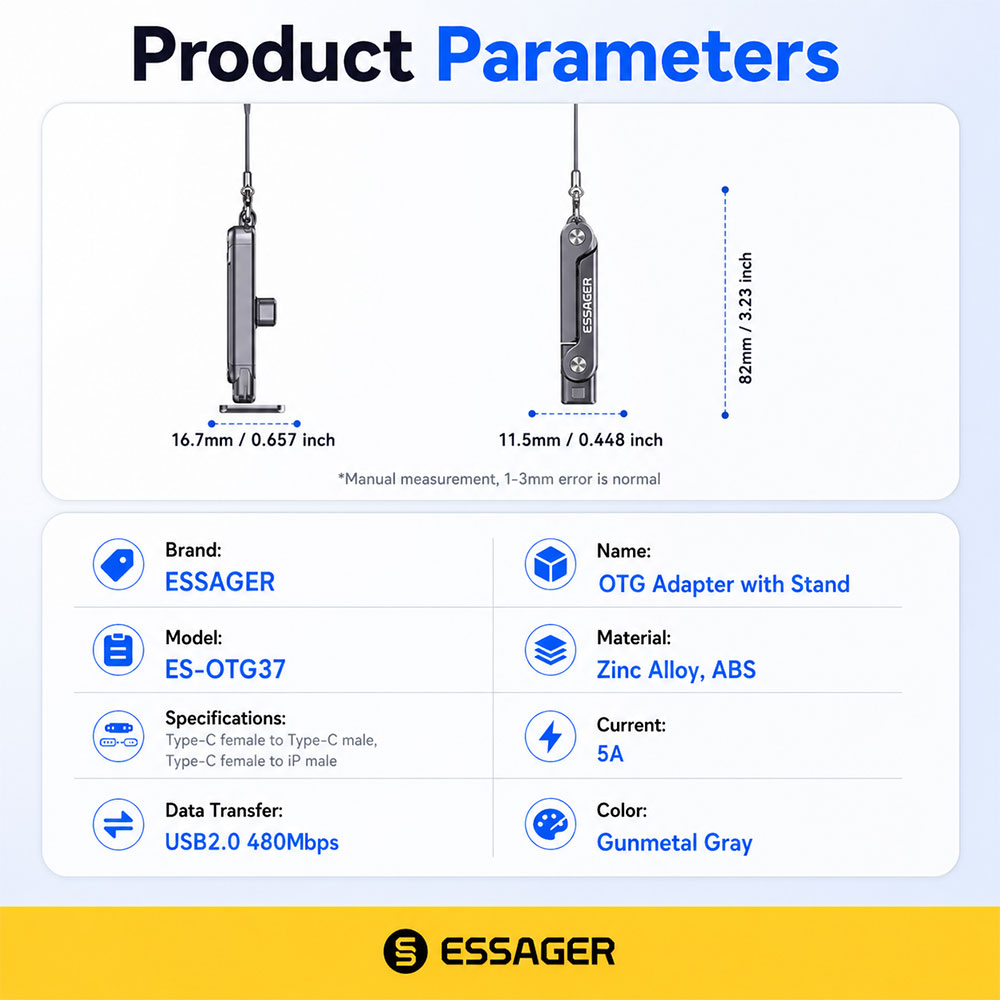 Gambar produk ESSAGER OTG Adapter Type C Female to Type C Male 2in1 Holder 240W - ES-OTG37
