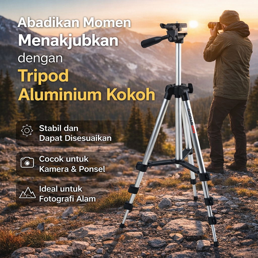TaffSTUDIO Tripod Kamera Aluminium 1M Universal with Smartphone Holder - 3110 Gambar produk TaffSTUDIO Tripod Kamera Aluminium 1M Universal with Smartphone Holder - 3110