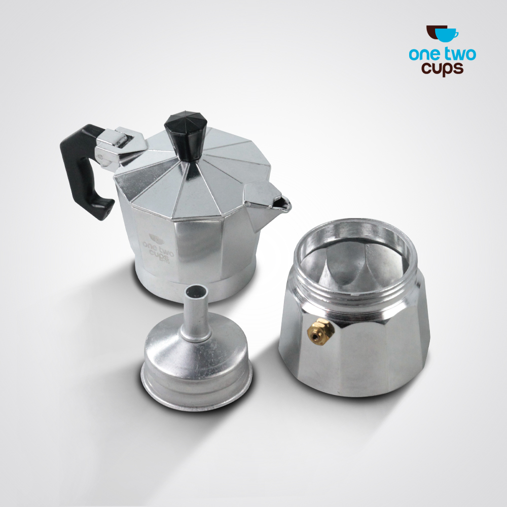 One Two Cups Moka Pot Teko Kopi Espresso Coffee Maker Stovetop 1 Cup 50ml - MX001 Gambar produk One Two Cups Moka Pot Teko Kopi Espresso Coffee Maker Stovetop 1 Cup 50ml - MX001