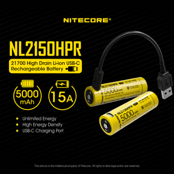 NITECORE Baterai Isi Ulang 21700 Li-Ion Button Top 5000mAh 3.6V 1 PCS - NL2150HPR