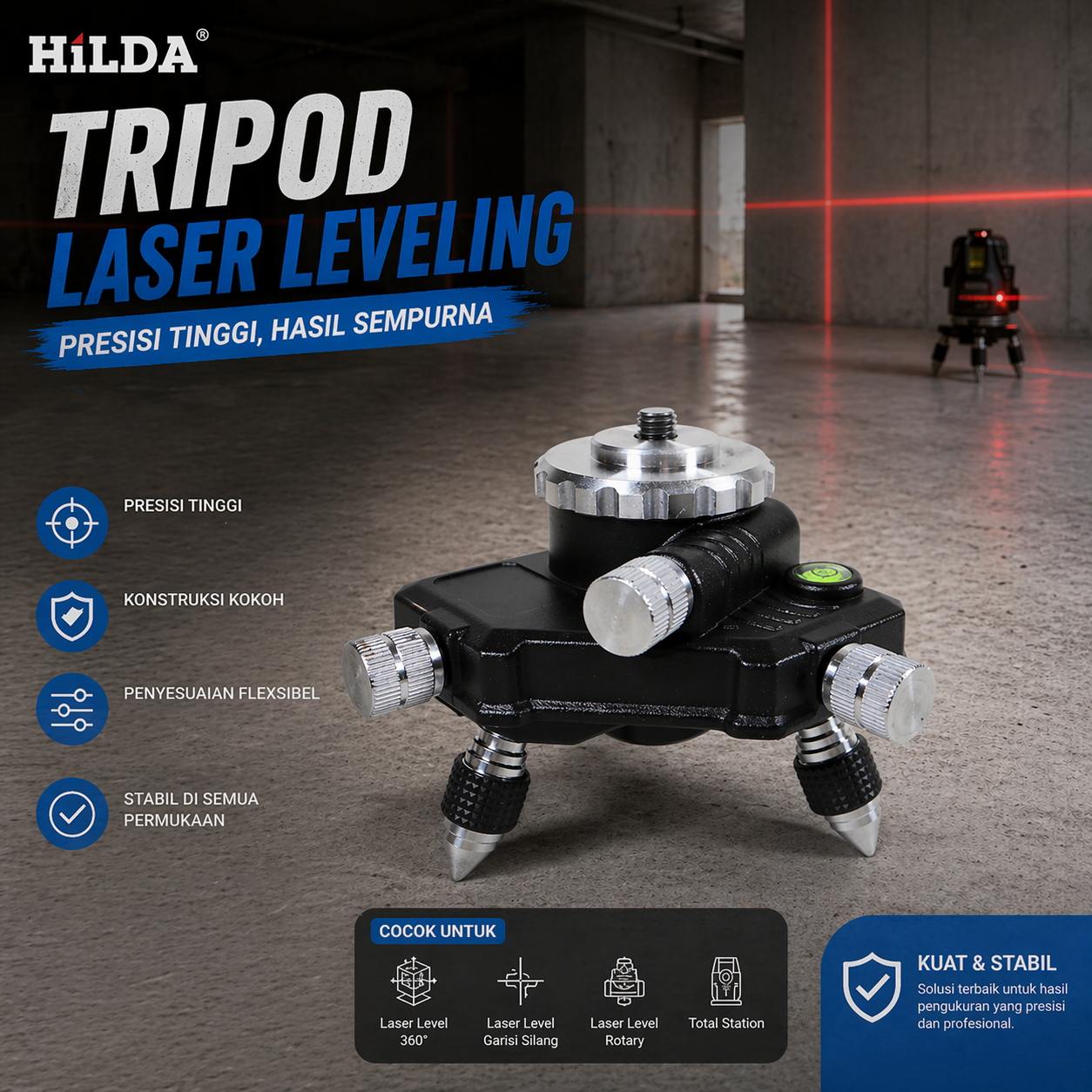 HILDA Tripod Laser Leveling Adjustable Profesional Base 1/4 Inch - H1 Gambar produk HILDA Tripod Laser Leveling Adjustable Profesional Base 1/4 Inch - H1 - Utama