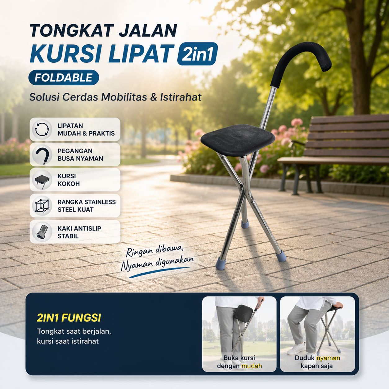 GAIWANZI Tongkat Jalan Kursi Lipat 2in1 Foldable Cane Chair Portable - GZD05 Gambar produk GAIWANZI Tongkat Jalan Kursi Lipat 2in1 Foldable Cane Chair Portable - GZD05 - Utama