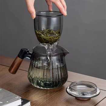 Gambar produk ECHOU Teko Kaca Borosilikat Tahan Panas Handle Walnut Tea Filter 650ml - GPN550