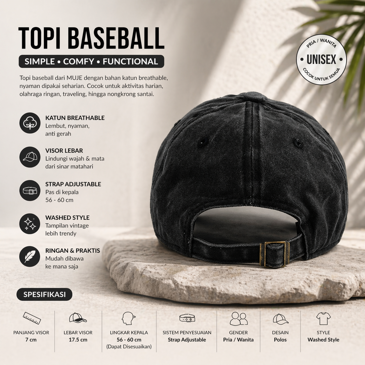 MUJE Topi Baseball Cap Polos Adjustable Breathable Washed Style - F250 Gambar produk MUJE Topi Baseball Cap Polos Adjustable Breathable Washed Style - F250 - 4