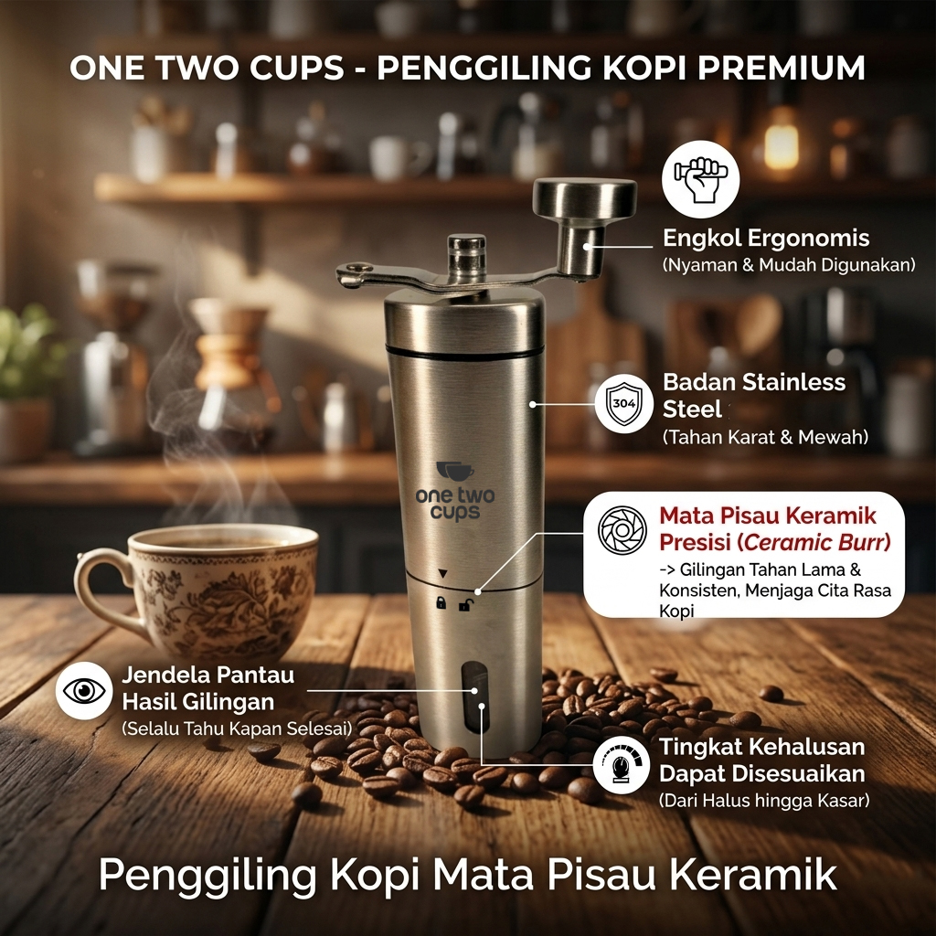 One Two Cups Alat Penggiling Kopi Manual Coffee Grinder Adjustable - EC03 Gambar produk One Two Cups Alat Penggiling Kopi Manual Coffee Grinder Adjustable - EC03 - Utama