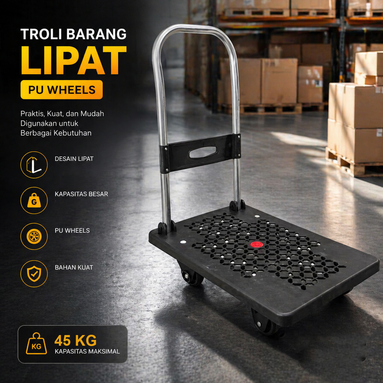 PICKU Troli Barang Lipat Foldable Trolley Cart Telescopic PU Wheels - PC-64 Gambar produk PICKU Troli Barang Lipat Foldable Trolley Cart Telescopic PU Wheels - PC-64 - Utama