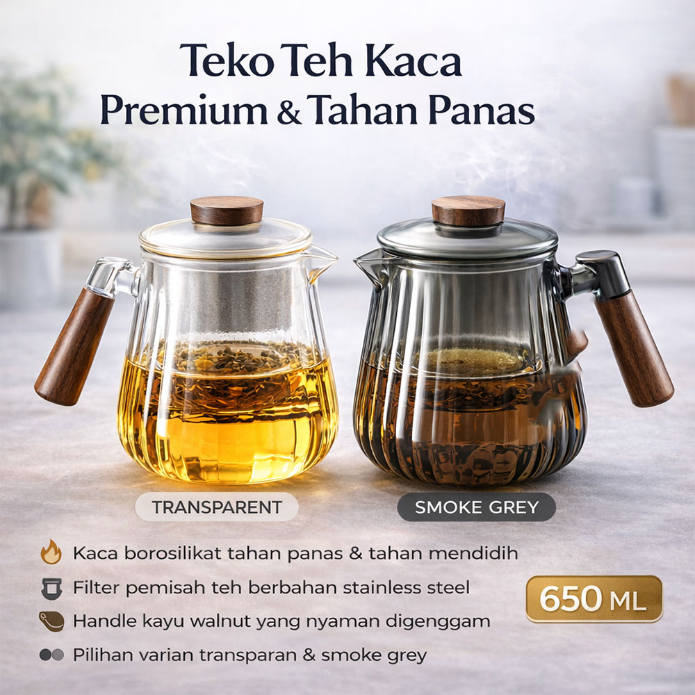 Gambar produk ECHOU Teko Kaca Borosilikat Tahan Panas Handle Walnut Tea Filter 650ml - GPN550
