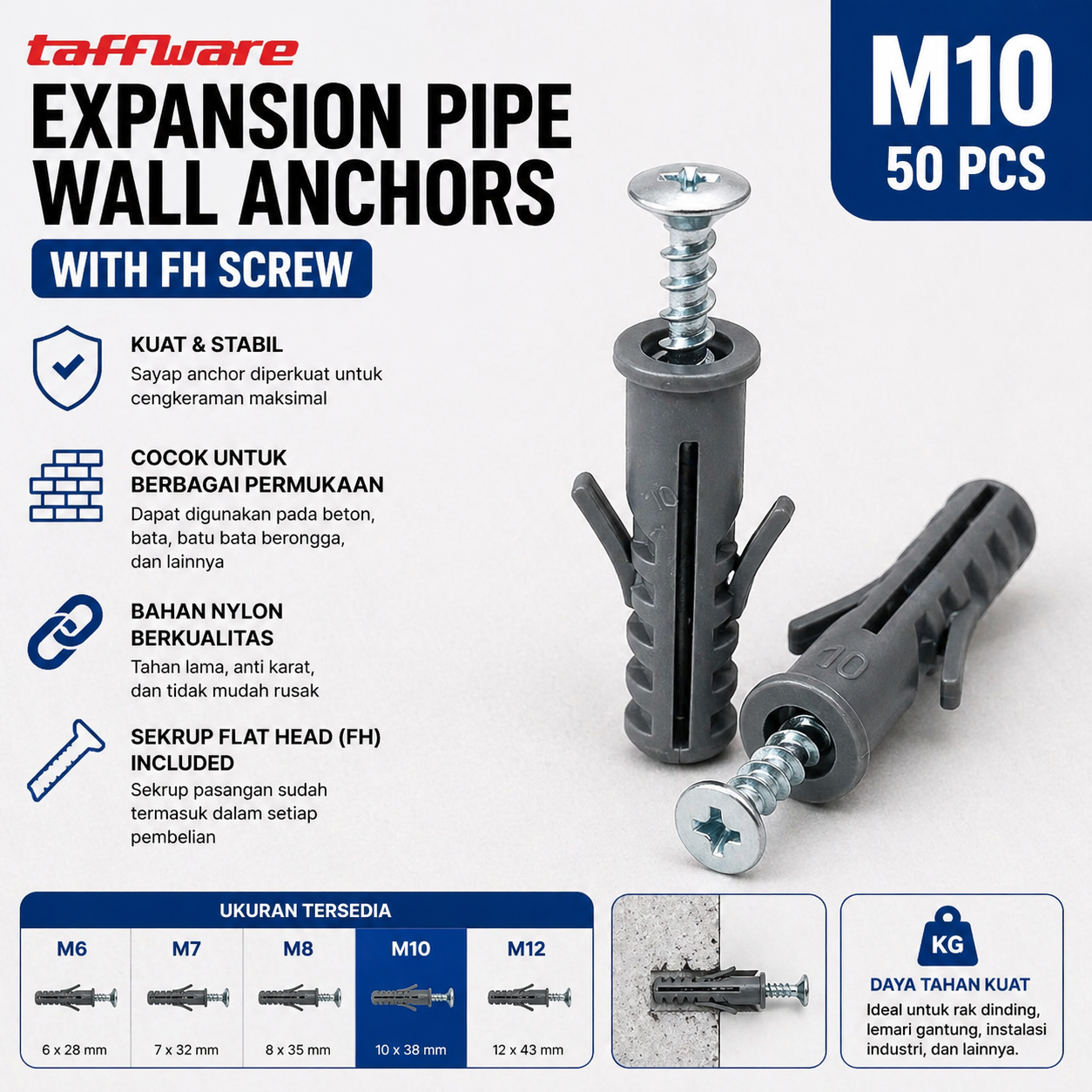 Taffware Expansion Fisher Pipe Nylon Wall Anchor Tube with FH Screw M10 Gambar produk Taffware Expansion Fisher Pipe Nylon Wall Anchor Tube with FH Screw M10 - Utama