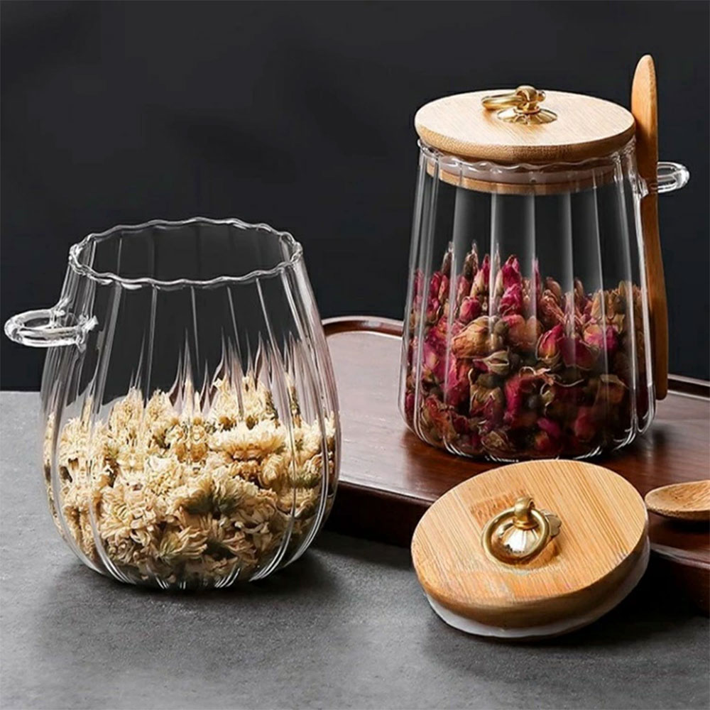 Gambar produk ECHOU Toples Kaca Borosilikat Vintage Wooden with Spoon Storage Jar 650ml - ECH-145